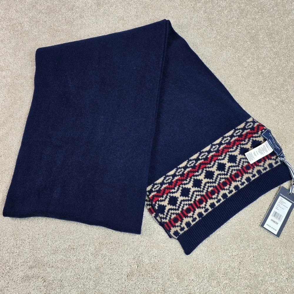 Vineyard Vines 100% Merino Wool Scarf Fairisle Nautical Navy‎ Blue One Size $138